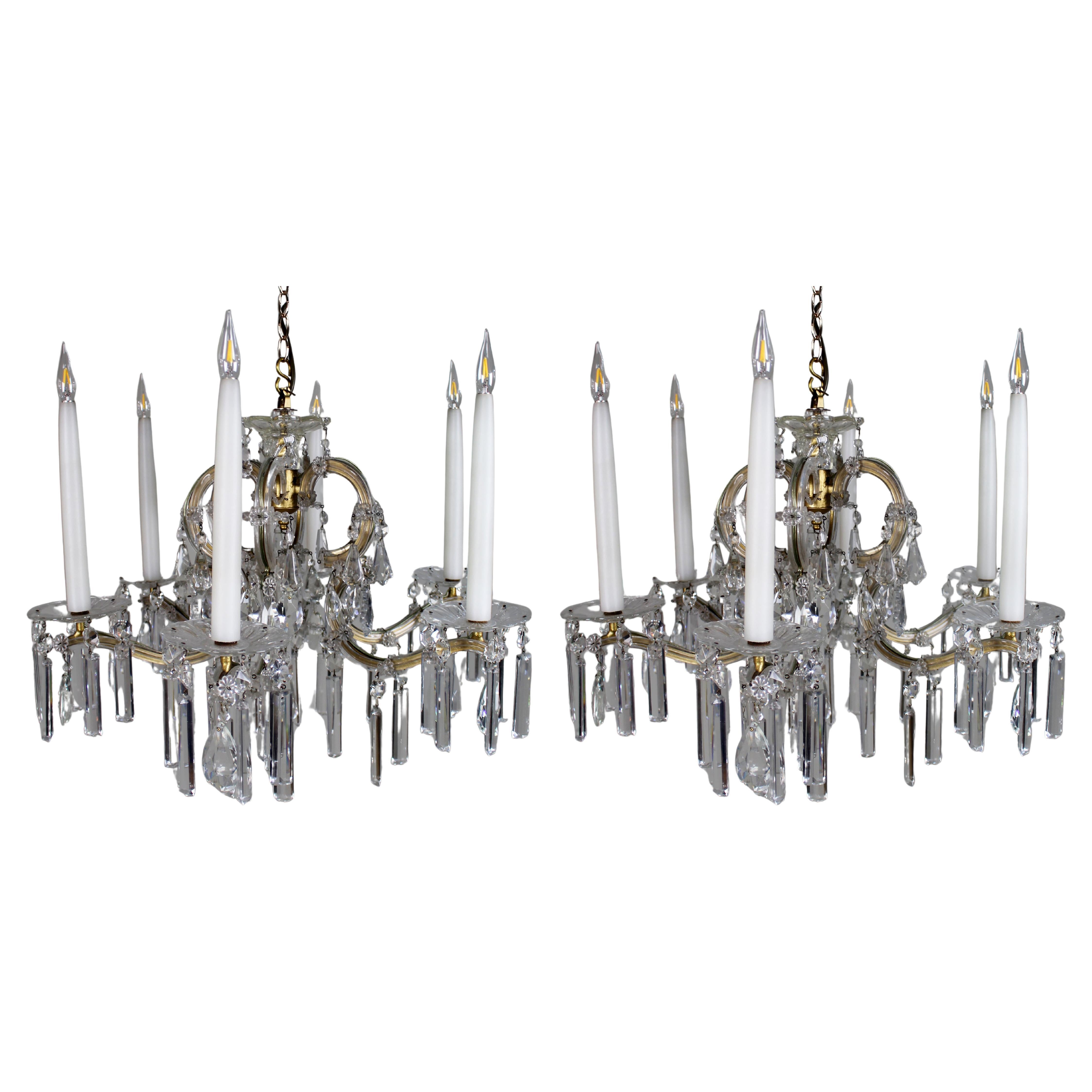 Pair of Mid-Century French Style Eight-Light Crystal Chandeliers