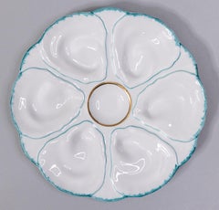 Pair of Mid-Century French Teal & White Porcelain Oyster Plates