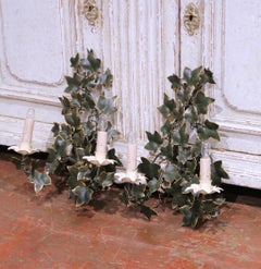 Pair of Mid-Century French Tôle Ivy Form Two-Light Wall Sconces