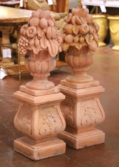 Pair of Mid-Century French Trompe l’Oeil Concrete Medicis Fruit Vases on Stand