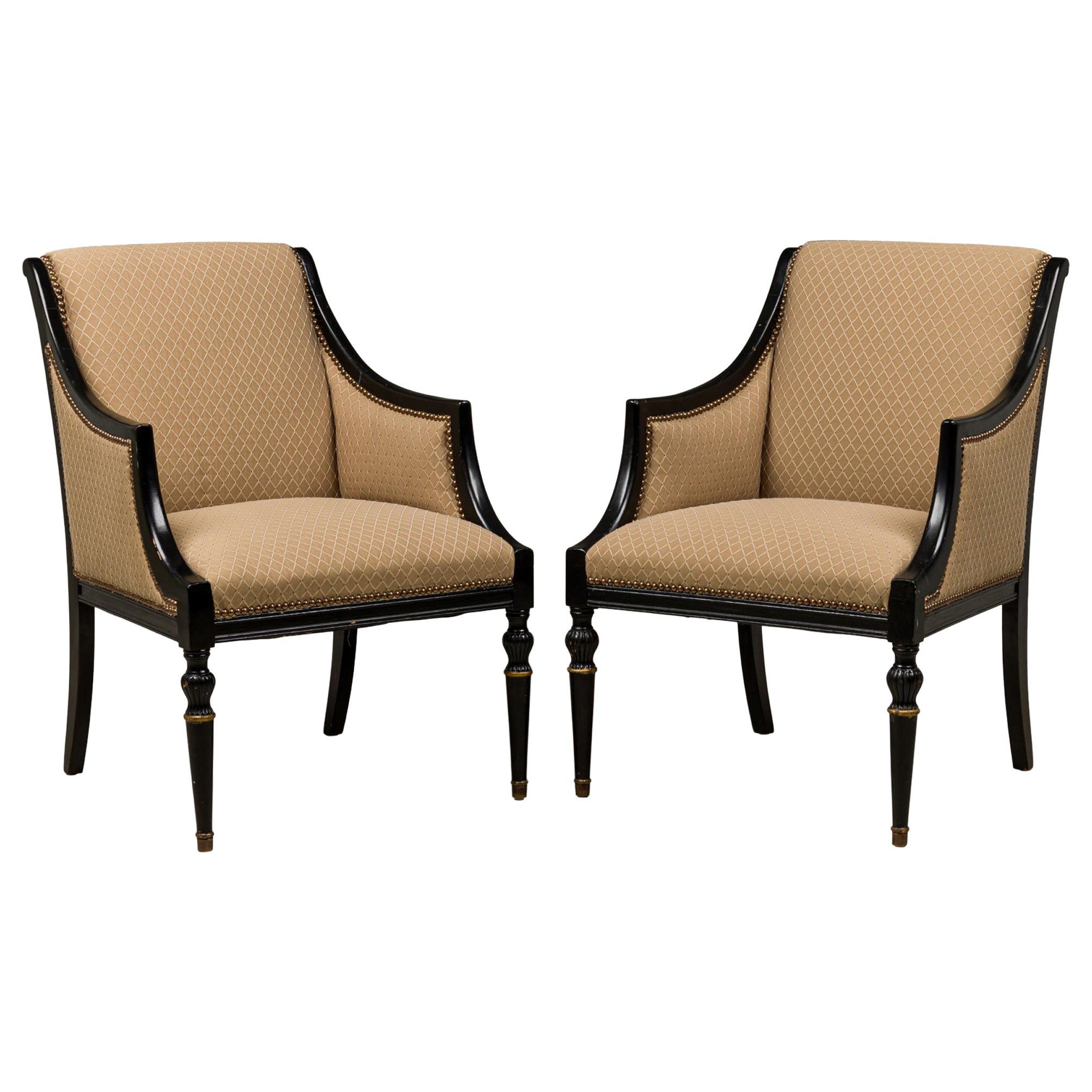 Pair of Mid-Century French Upholstered 
Black Wooden Framed Bergere Armchairs For Sale