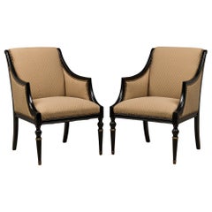 Pair of Mid-Century French Upholstered 
Black Wooden Framed Bergere Armchairs
