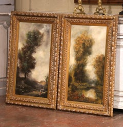 Paar französische vertikale Landschaften der Jahrhundertmitte Ölgemälde im Barbizon-Stil