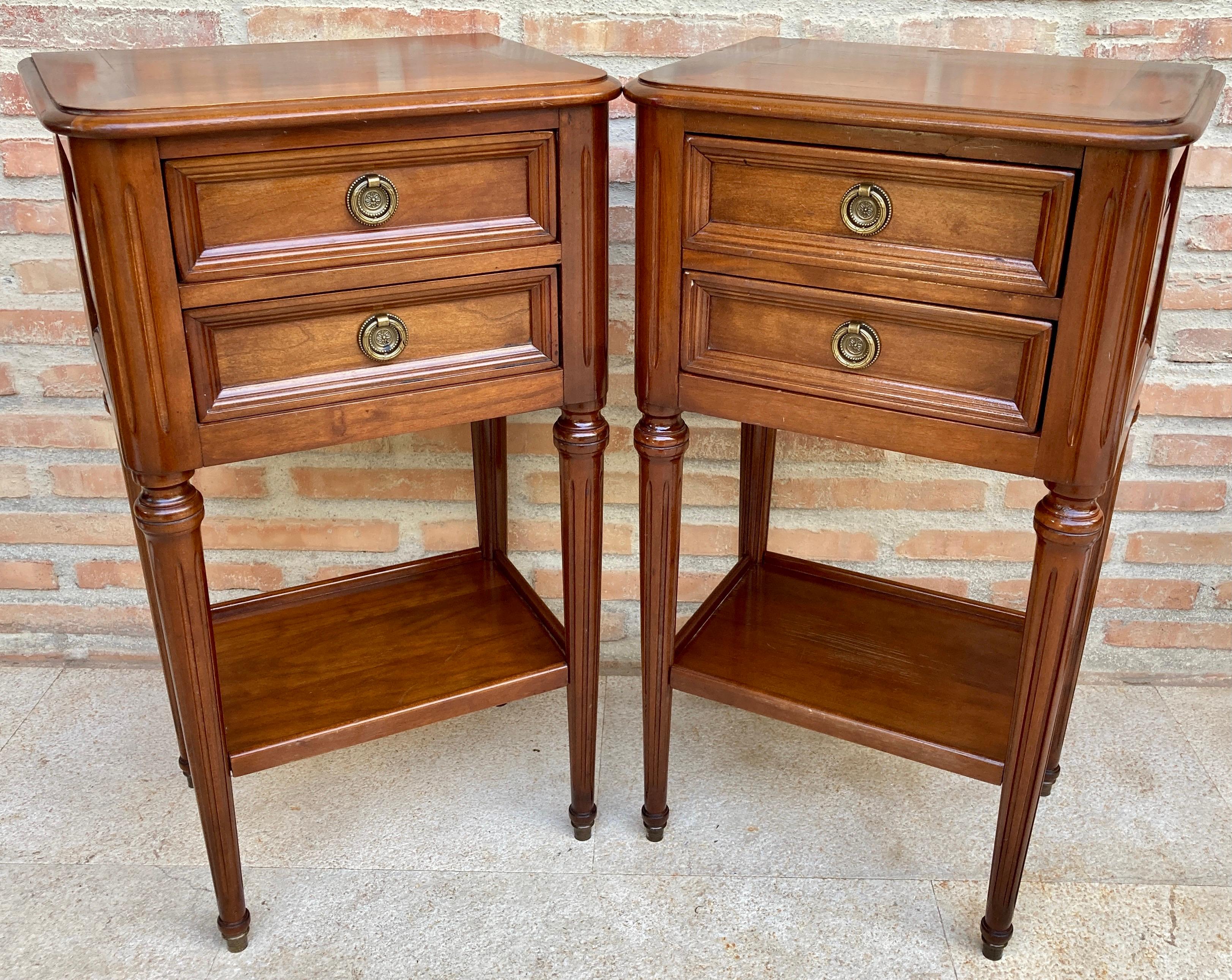 Neoclassical Pair of Mid-Century French Walnut Nightstands with Two Drawers and One Low Shelf