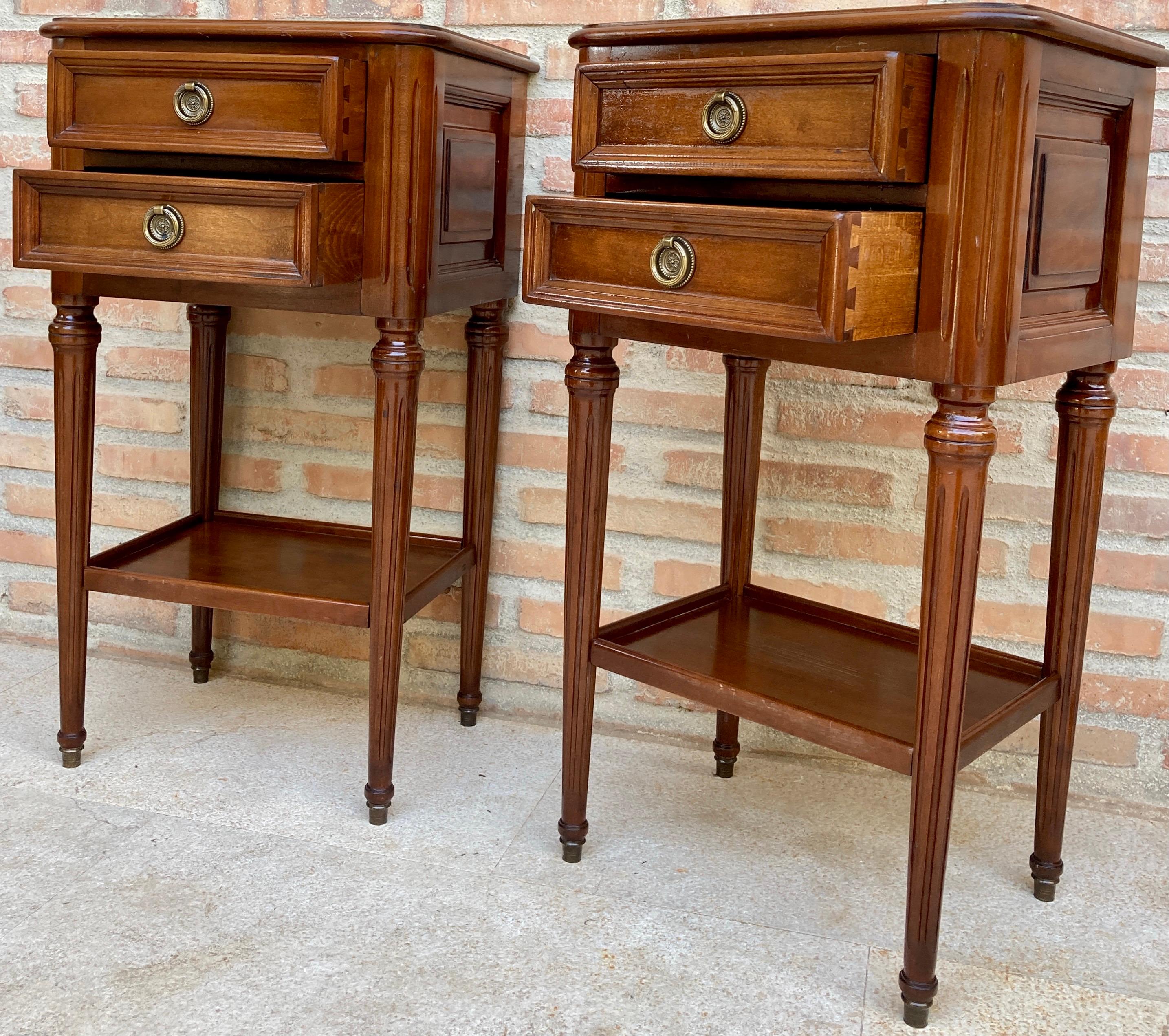 Oak Pair of Mid-Century French Walnut Nightstands with Two Drawers and One Low Shelf