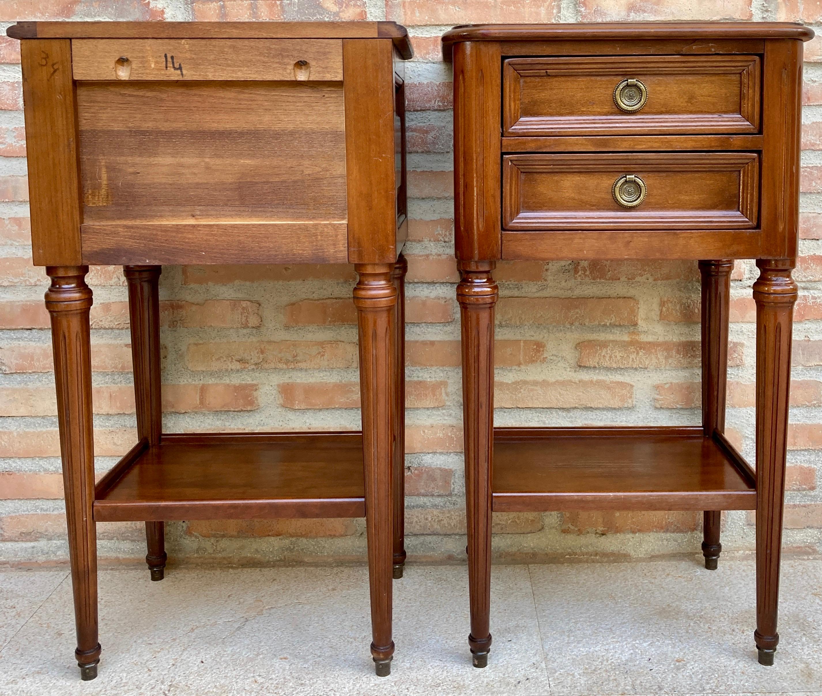 Pair of Mid-Century French Walnut Nightstands with Two Drawers and One Low Shelf 1