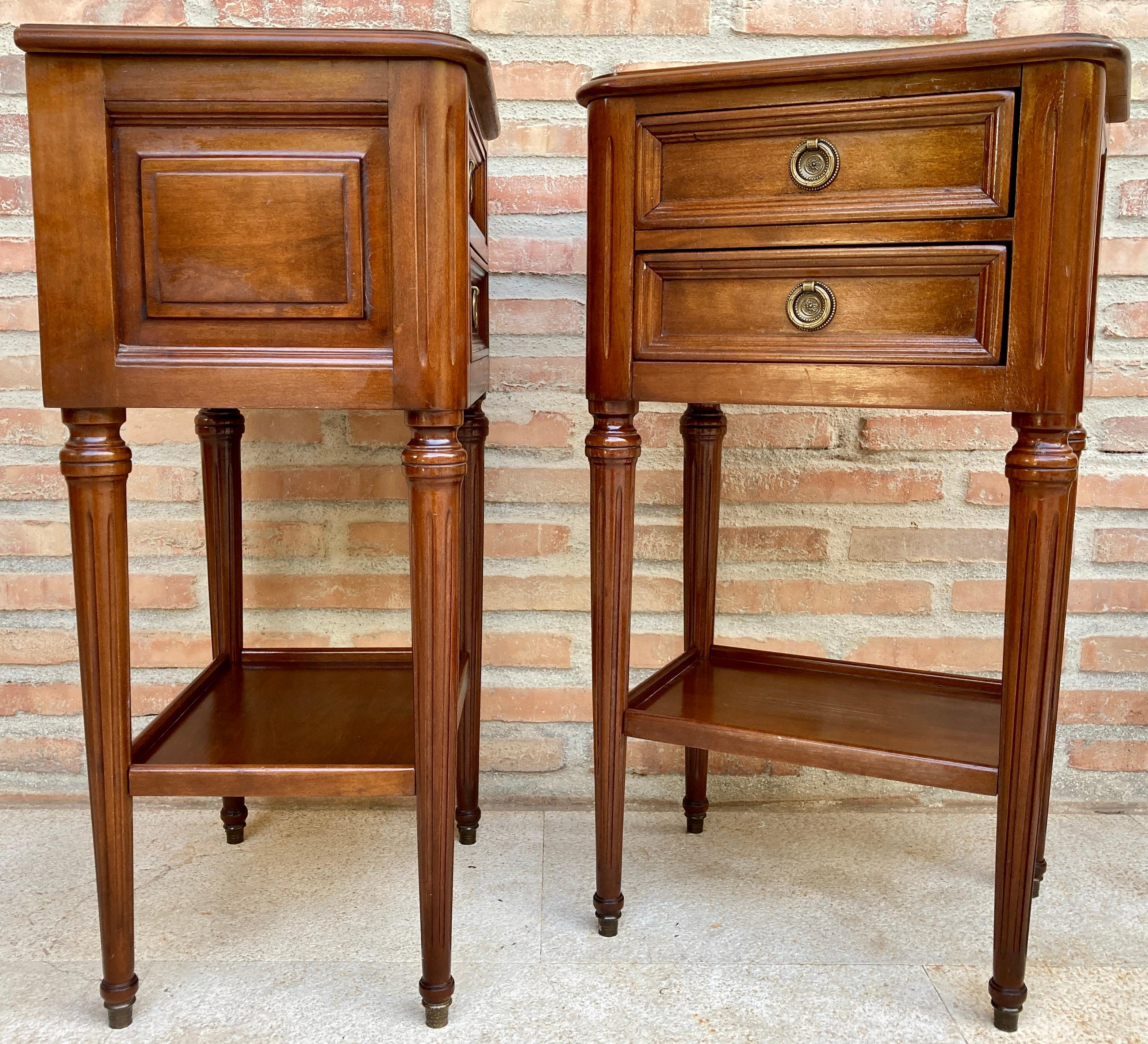 Pair of Mid-Century French Walnut Nightstands with Two Drawers and One Low Shelf 2