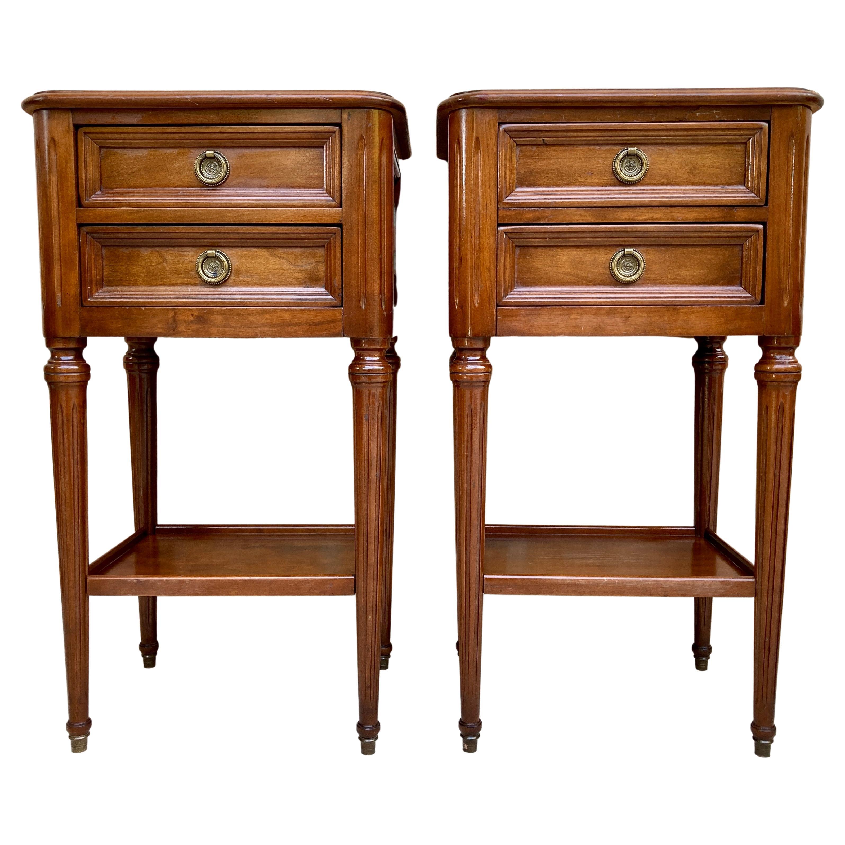 Pair of Mid-Century French Walnut Nightstands with Two Drawers and One Low Shelf