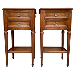 Pair of Mid-Century French Walnut Nightstands with Two Drawers and One Low Shelf