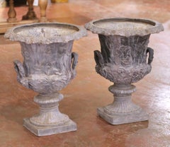 Pair of Mid-Century French Weathered Cast Lead Garden Urn Planters