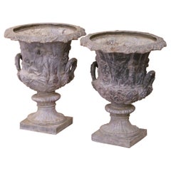 Pair of Mid-Century French Weathered Cast Lead Garden Urn Planters