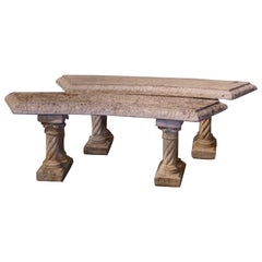 Pair of Mid-Century French Weathered Curved Spiraled Base Stone Garden Benches
