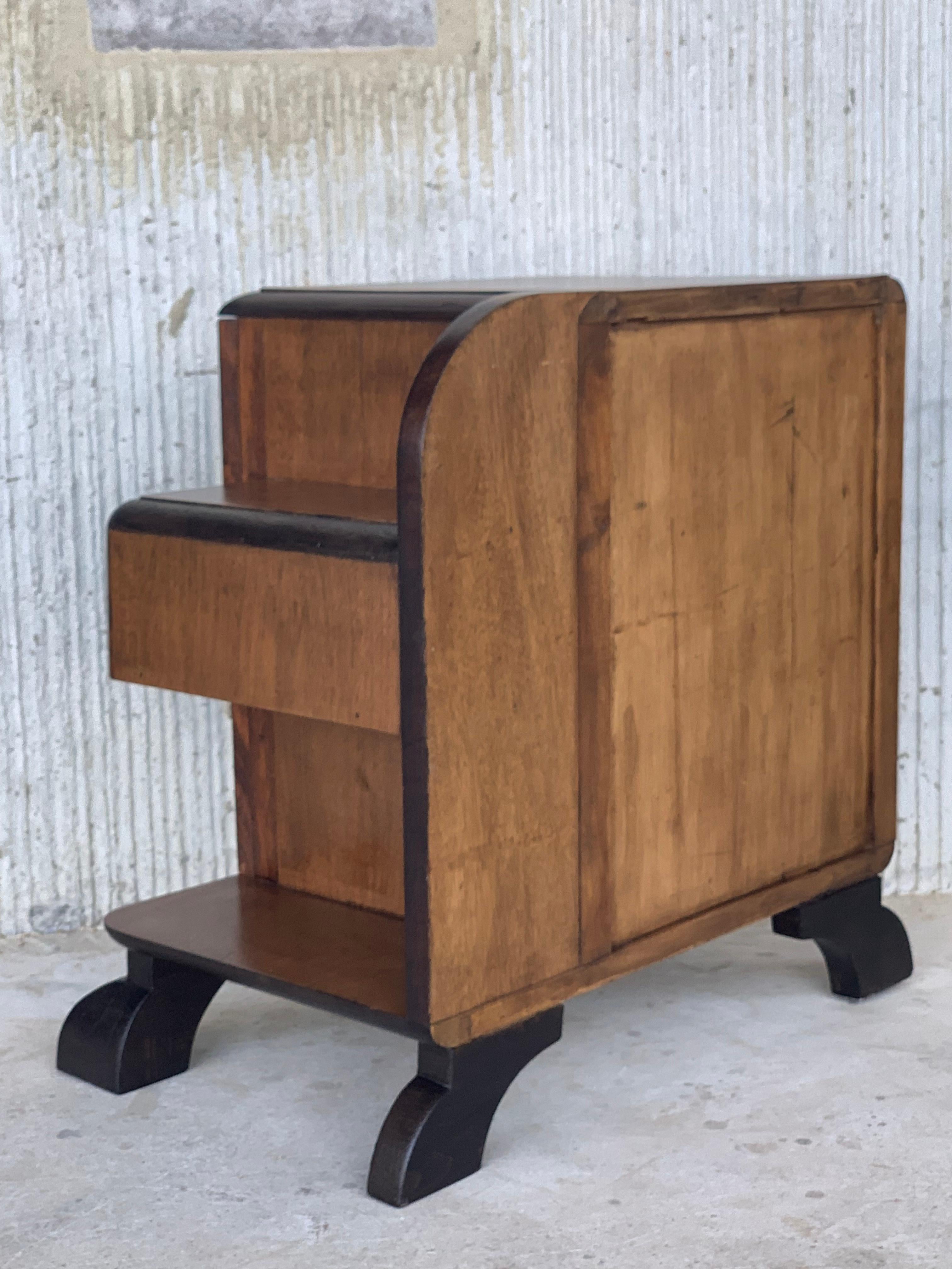 French Pair of Midcentury Front Nightstands with Original Hardware and Ebonized Base
