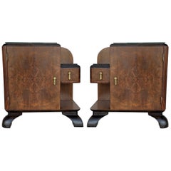 Pair of Midcentury Front Nightstands with Original Hardware and Ebonized Base