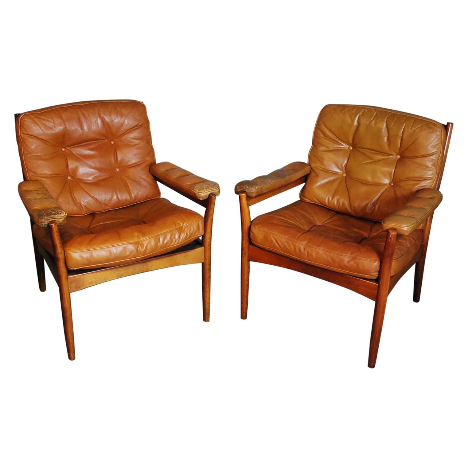 Pair of Mid Century G Nobel Arm Chairs by Nobel in Tufted Leather
