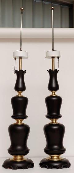 Pair of Mid-Century Gerald Thurston Black Ceramic Table Lamps