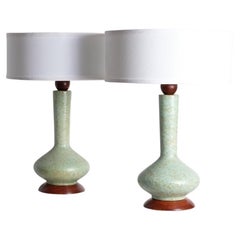 Pair of Midcentury German Ceramic and Walnut Table Lamps
