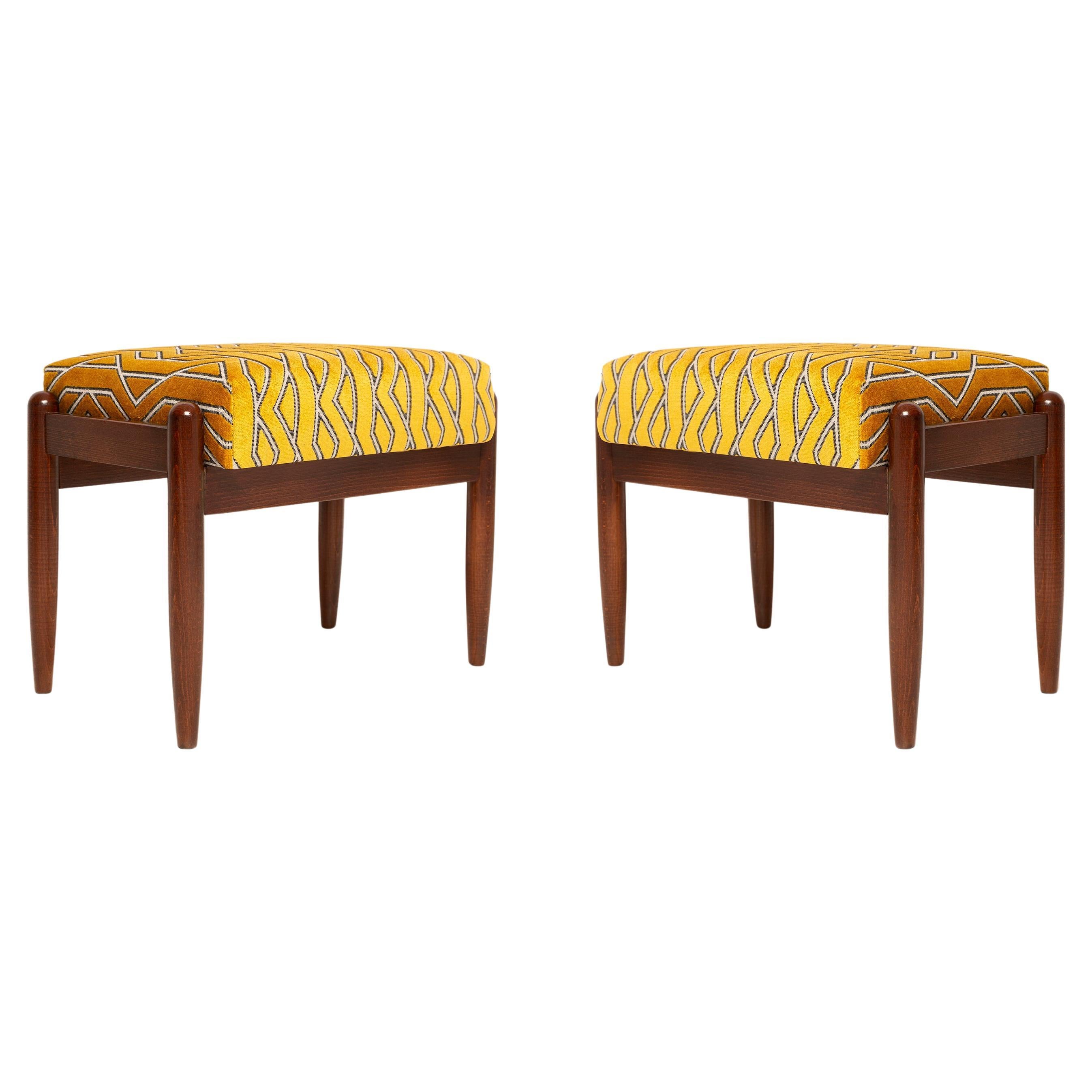 Pair of Mid Century GFM Stools in Yellow Jacquard by Casamance, E. Homa, 1960s For Sale