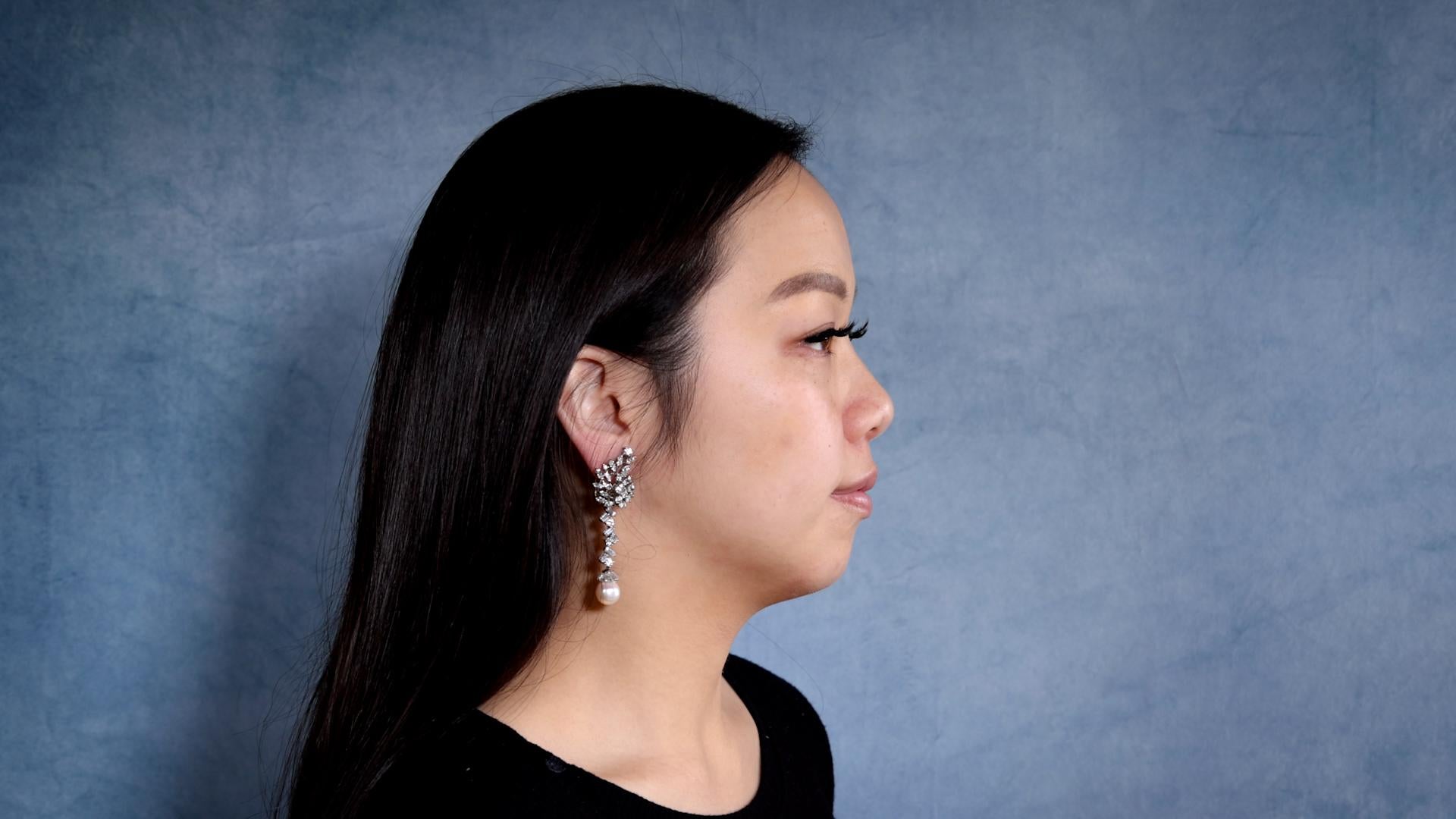 Brilliant Cut Pair of Mid-Century GIA Pearl Diamond Platinum Day to Night Earrings