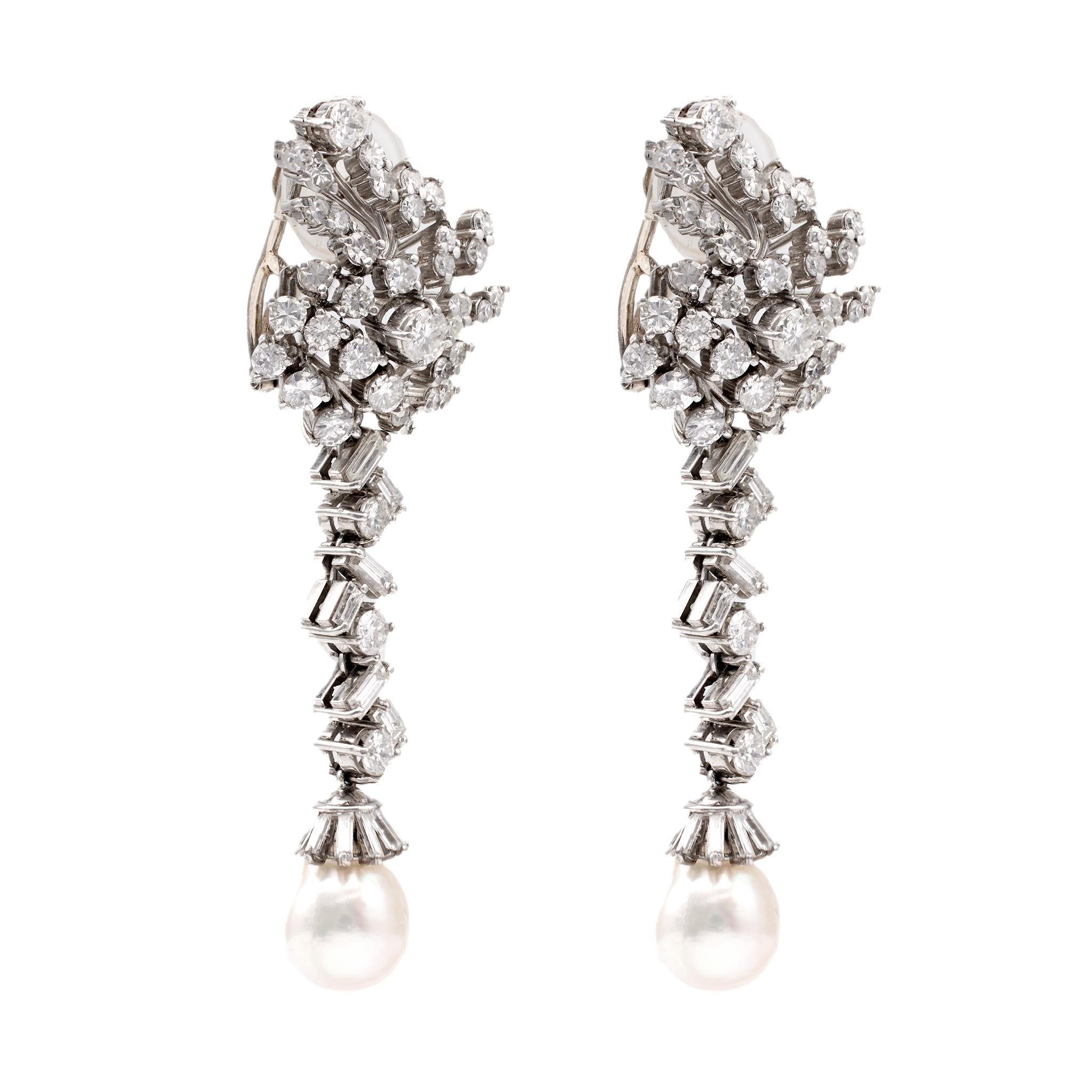 Women's or Men's Pair of Mid-Century GIA Pearl Diamond Platinum Day to Night Earrings