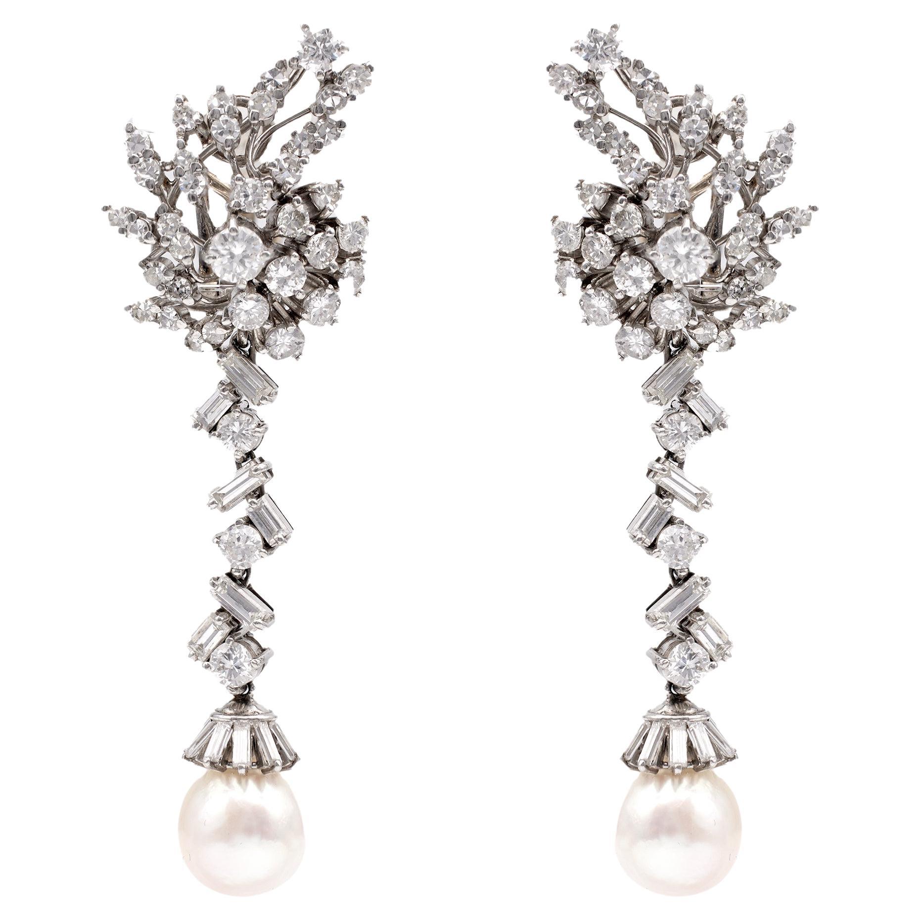 Pair of Mid-Century GIA Pearl Diamond Platinum Day to Night Earrings