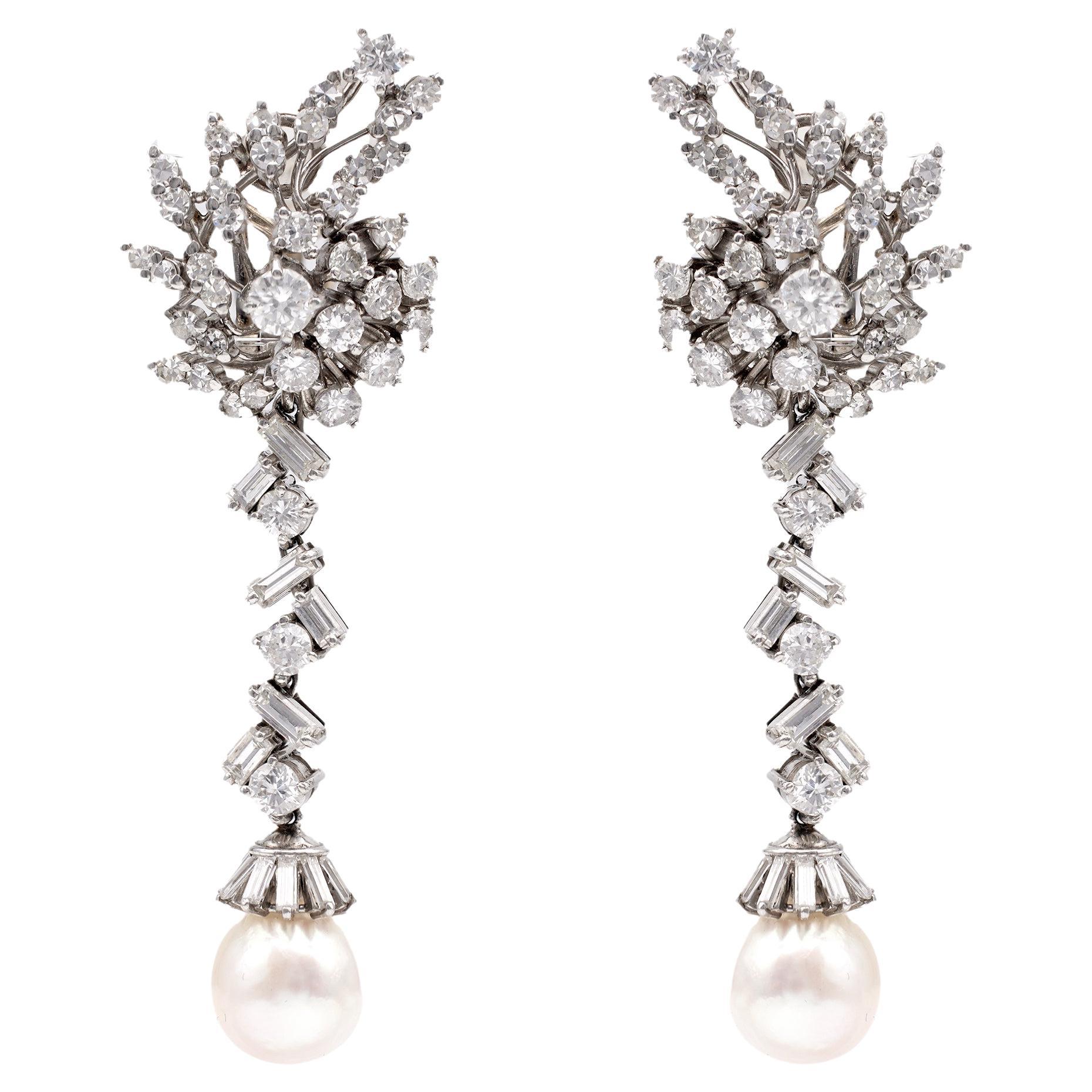 Pair of Mid-Century GIA Pearl Diamond Platinum Day to Night Earrings