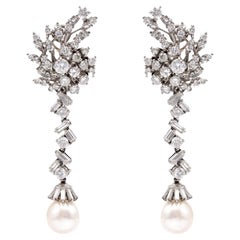 Pair of Mid-Century GIA Pearl Diamond Platinum Day to Night Earrings