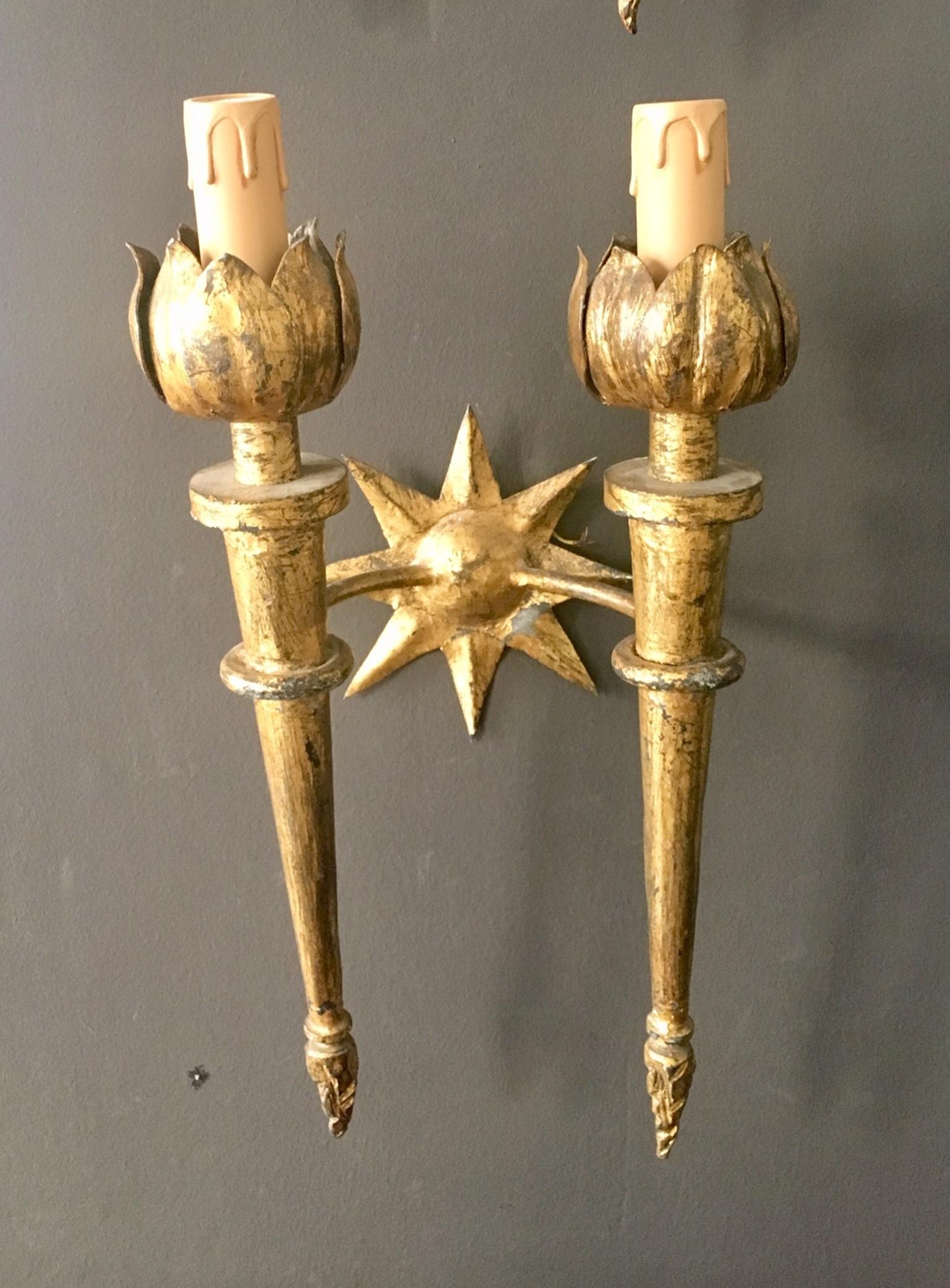 Pair of Midcentury Gilded Iron Wall Sconces Gilbert Poillerat Style 2