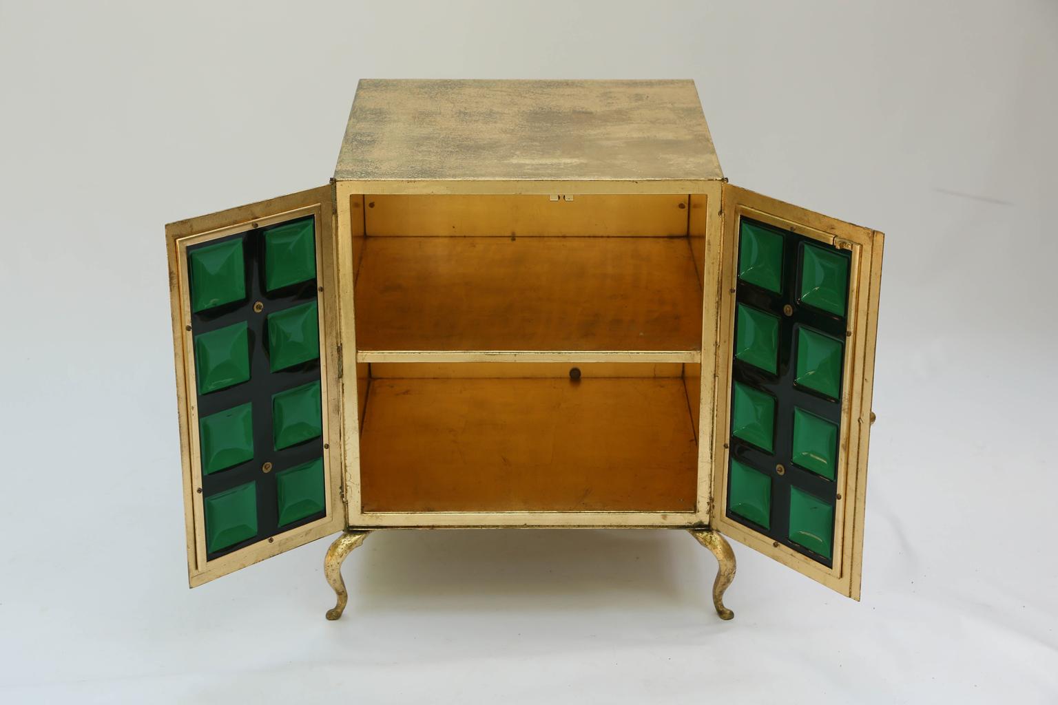 20th Century Pair of Mid-Century Gilt Metal Cabinets with Bubbled Green Acrylic Door Grilles