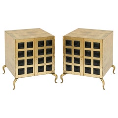Pair of Mid-Century Gilt Metal Cabinets with Bubbled Green Acrylic Door Grilles