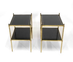 Pair Of Mid Century Gilt Metal & Leather Etagere End Tables French 1950
