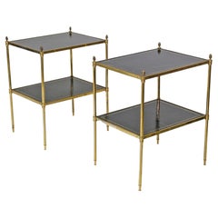 Pair Of Mid Century Gilt Metal & Leather Etagere End Tables French 1950
