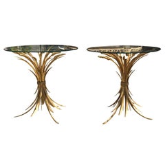 Pair of Midcentury Gilt Sheaf of Wheat Tables with Glass Tops
