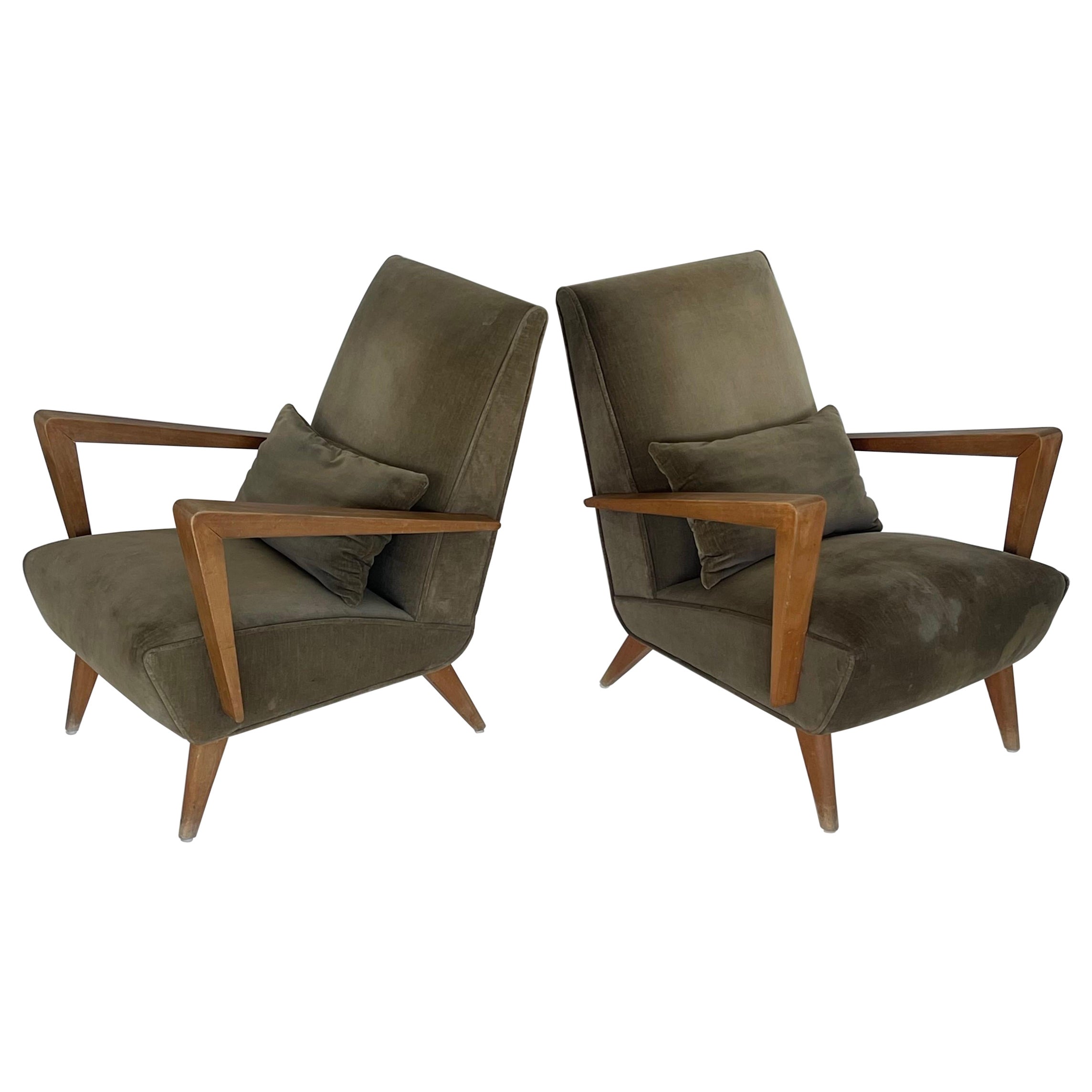 Pair of Mid Century Gio Ponti Style Italian Velvet Armchairs, Italy, 1960s
