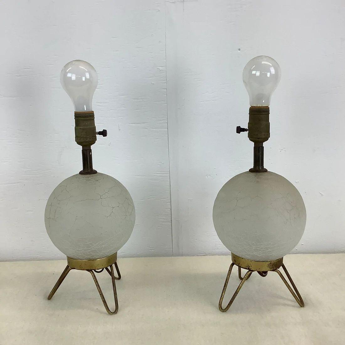 Pair of Midcentury Glass and Brass Globe Table Lamps 9
