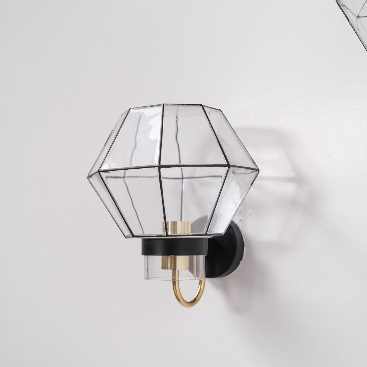 Pair of Midcentury Glass and Brass Wall Lights For Sale 2