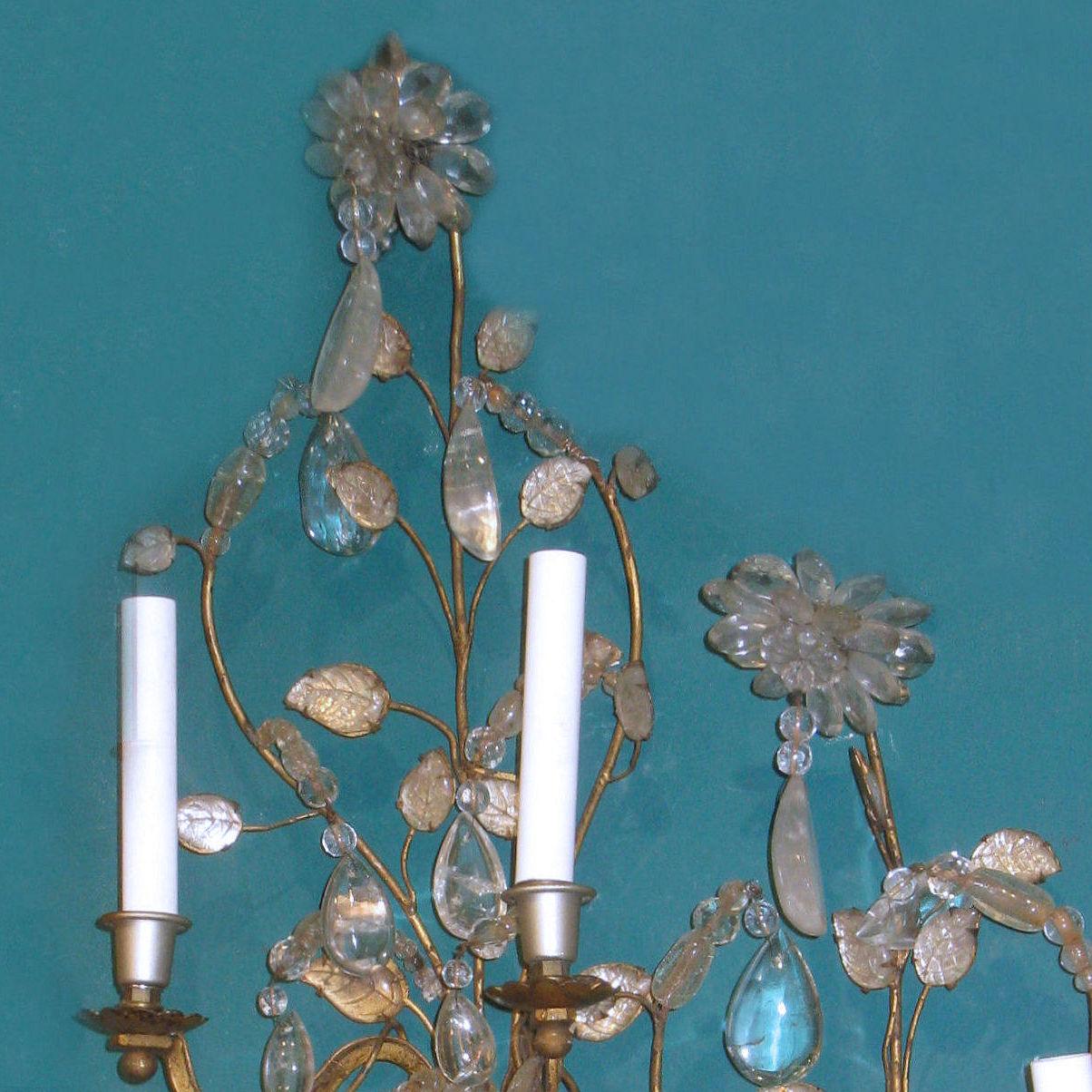 Art Deco Pair of Midcentury Glass and Rock Crystal Sconces Attributed to Baguès For Sale
