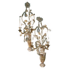 Pair of Midcentury Glass and Rock Crystal Sconces Attributed to Baguès