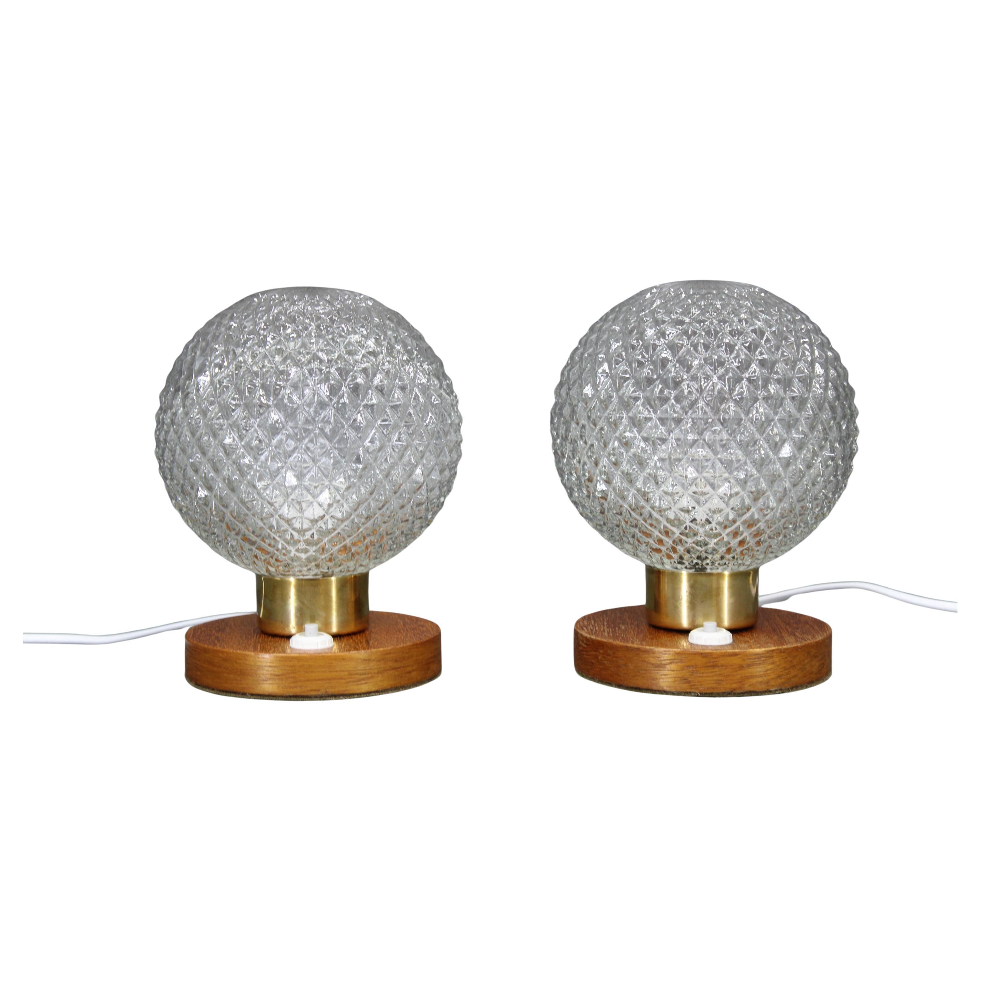 Pair of Mid-Century Glass and Wood Table Lamps, Czechoslovakia, 1970s