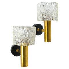 Pair of Midcentury Glass & Brass Wall Lights for Orrefors Glasbruk, Sweden C1960
