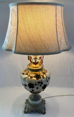 Pair of Opaline Glass Table Lamps with Brass Gold Filigree and Crystal