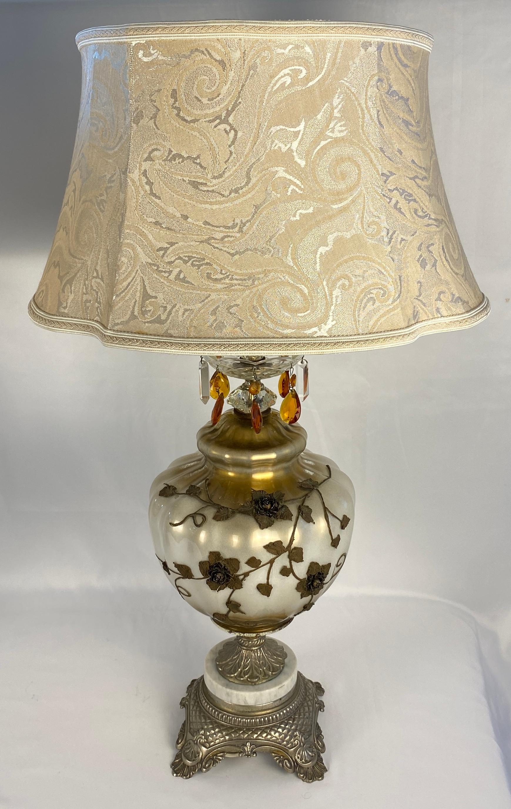 Mid-Century Modern Pair of Opaline Glass Table Lamps with Brass Gold Filigree and Crystal  For Sale