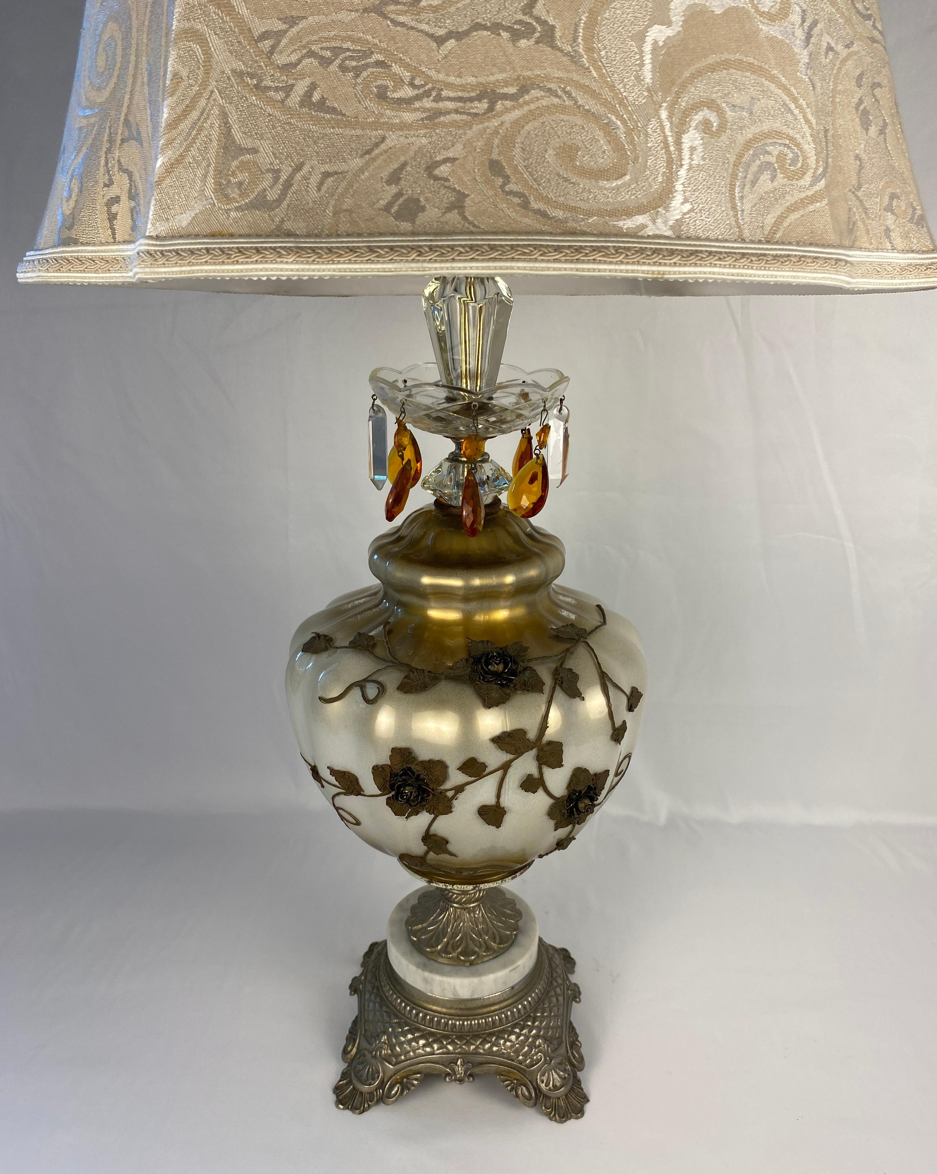 Pair of Opaline Glass Table Lamps with Brass Gold Filigree and Crystal  In Good Condition For Sale In Miami, FL