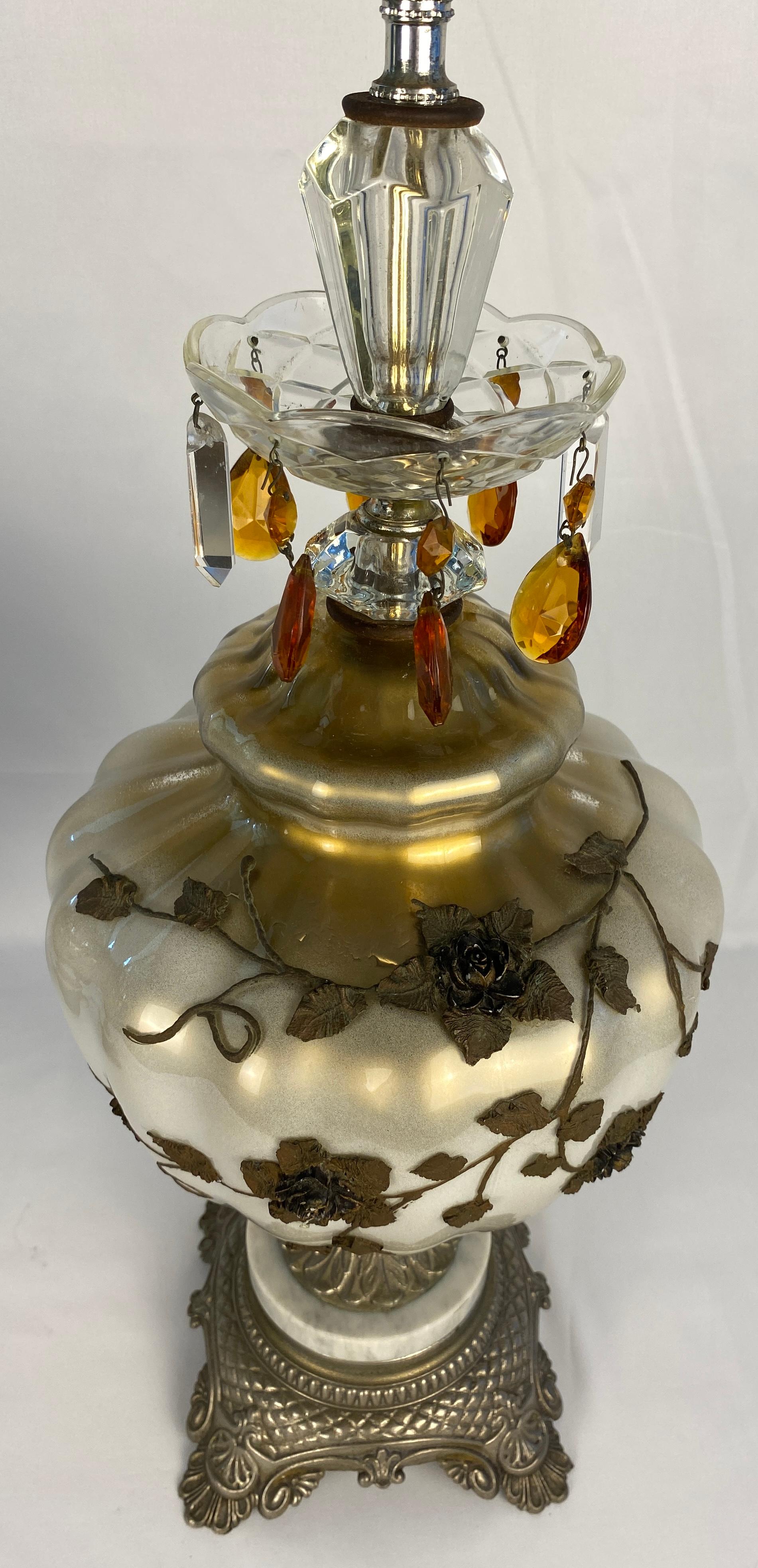 Pair of Opaline Glass Table Lamps with Brass Gold Filigree and Crystal  For Sale 3