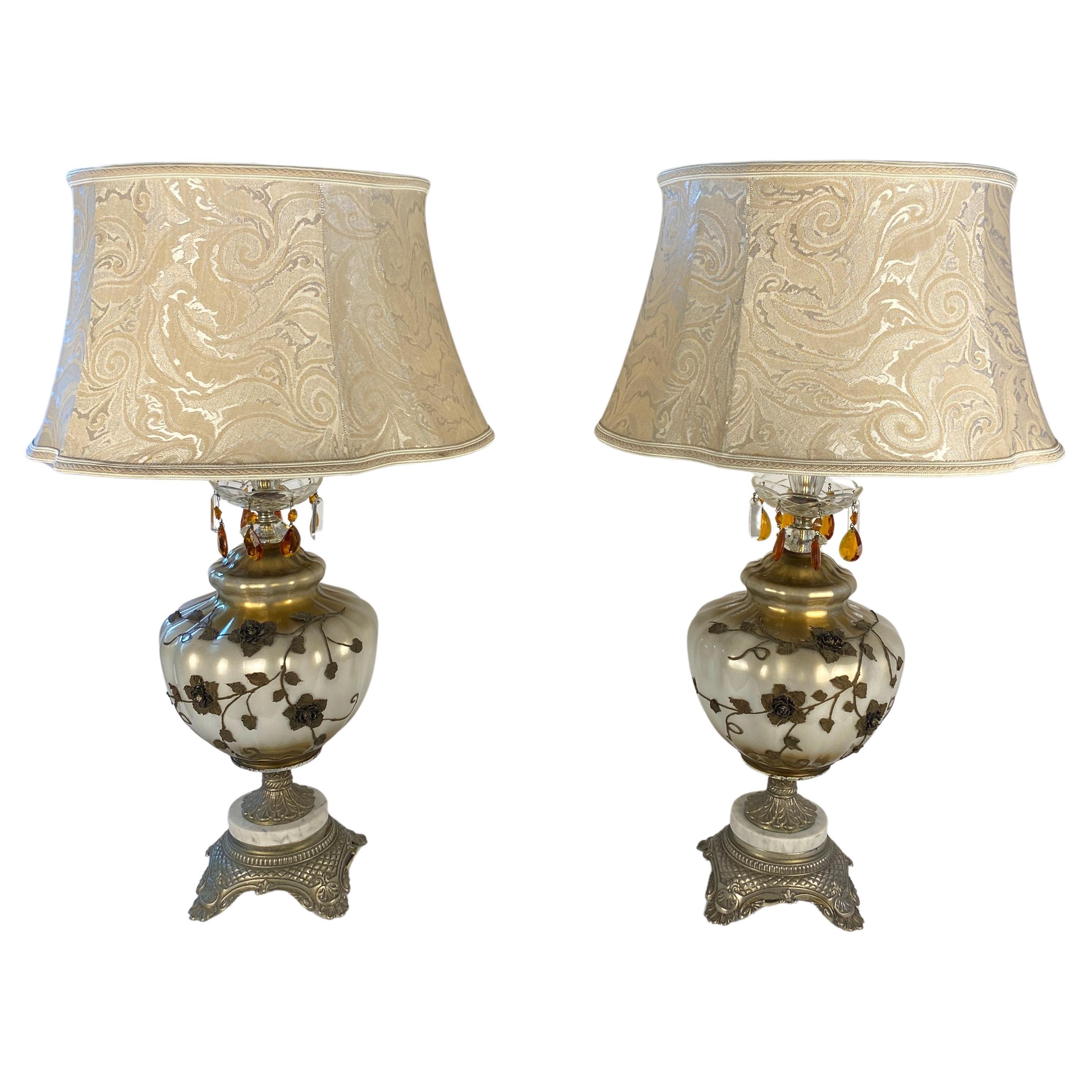 Pair of Opaline Glass Table Lamps with Brass Gold Filigree and Crystal  For Sale