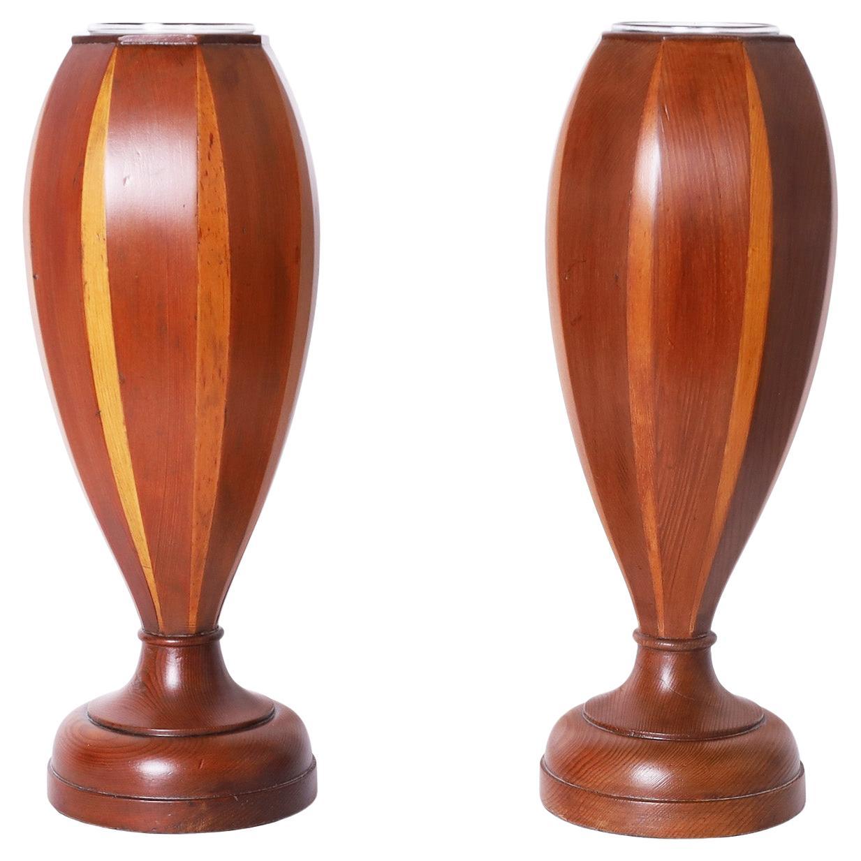 Pair of Mid-Century Glass Lined Wood Vases For Sale