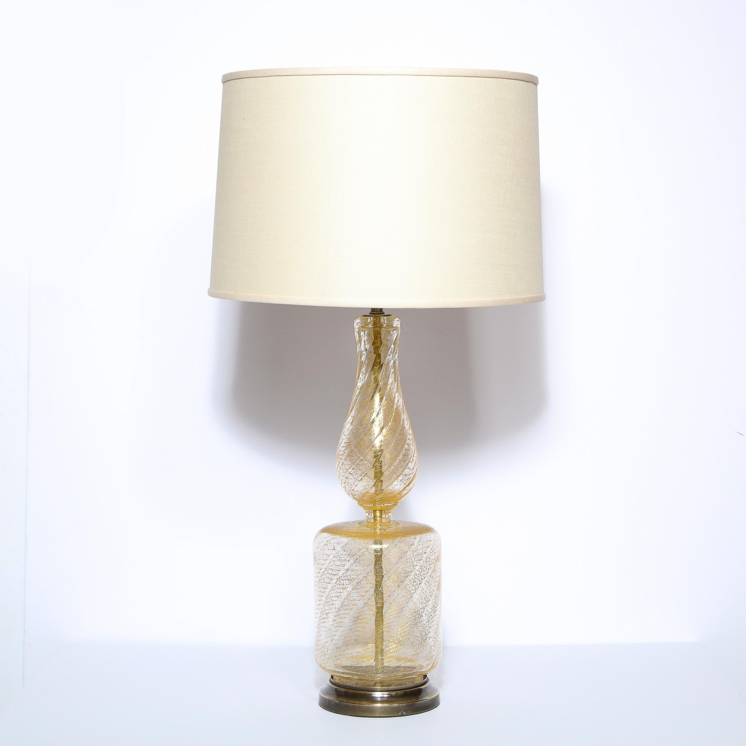 Pair of Mid Century Glass Table Lamps with 24kt Yellow Gold Flecks & Brass Bases 14