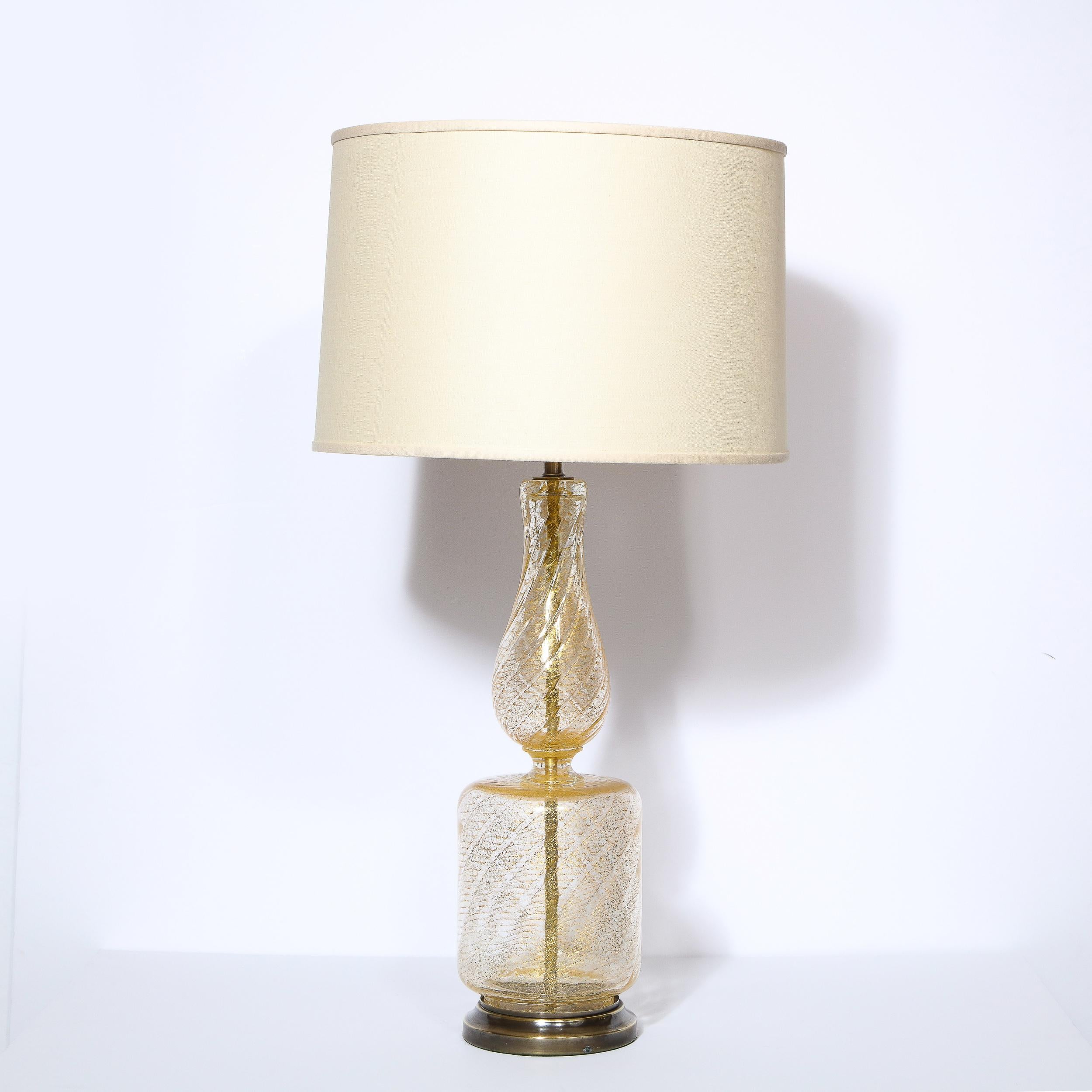 Mid-Century Modern Pair of Mid Century Glass Table Lamps with 24kt Yellow Gold Flecks & Brass Bases