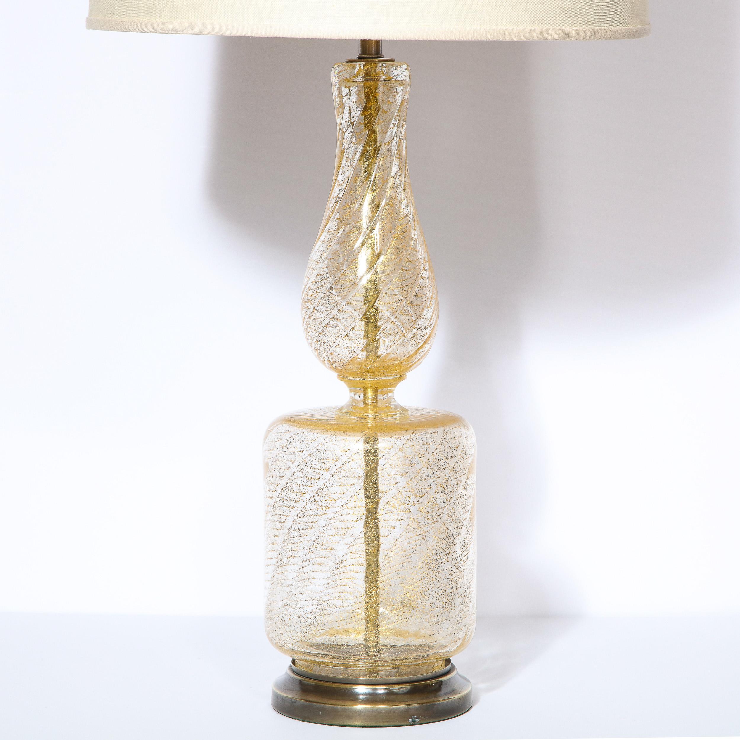Italian Pair of Mid Century Glass Table Lamps with 24kt Yellow Gold Flecks & Brass Bases