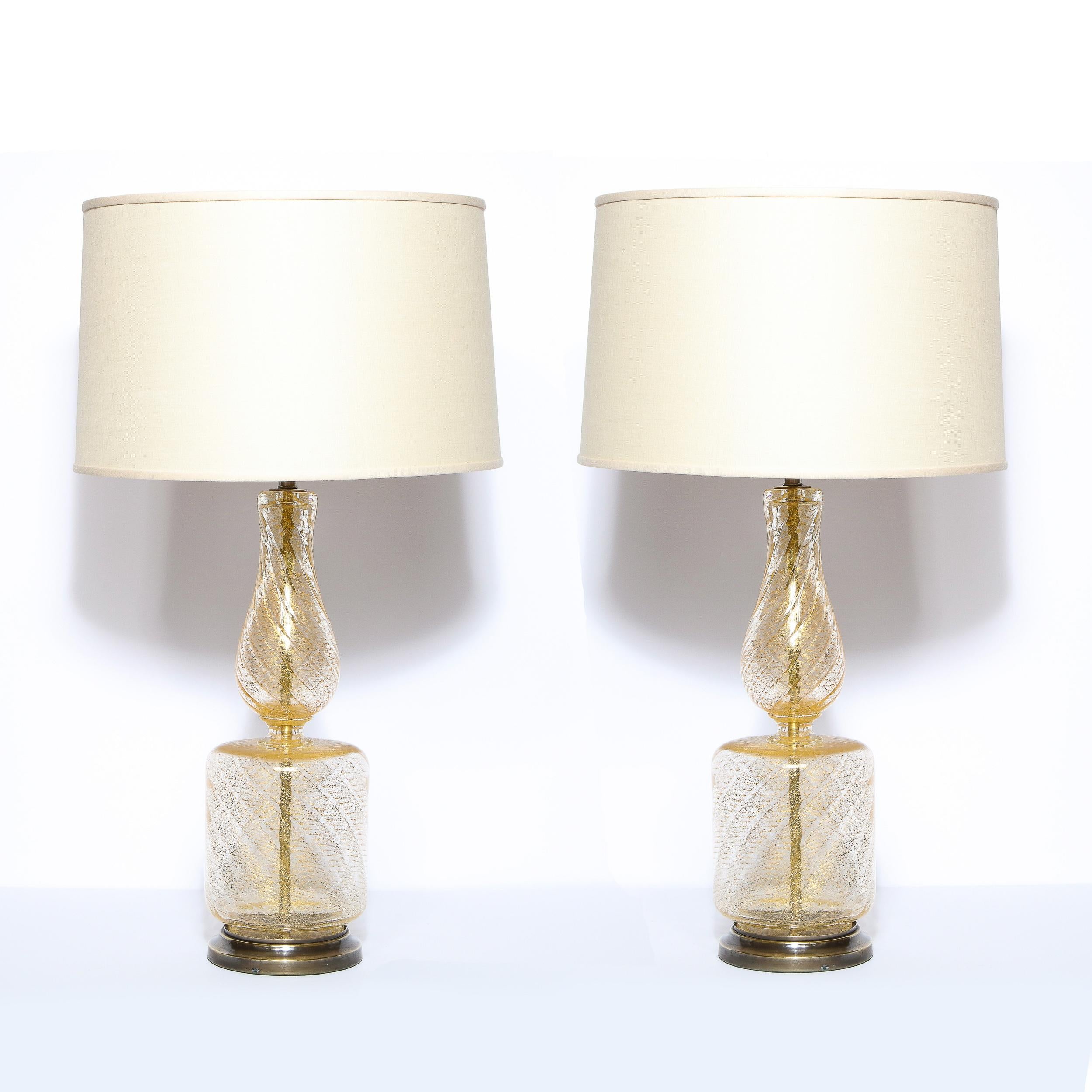 Pair of Mid Century Glass Table Lamps with 24kt Yellow Gold Flecks & Brass Bases 1